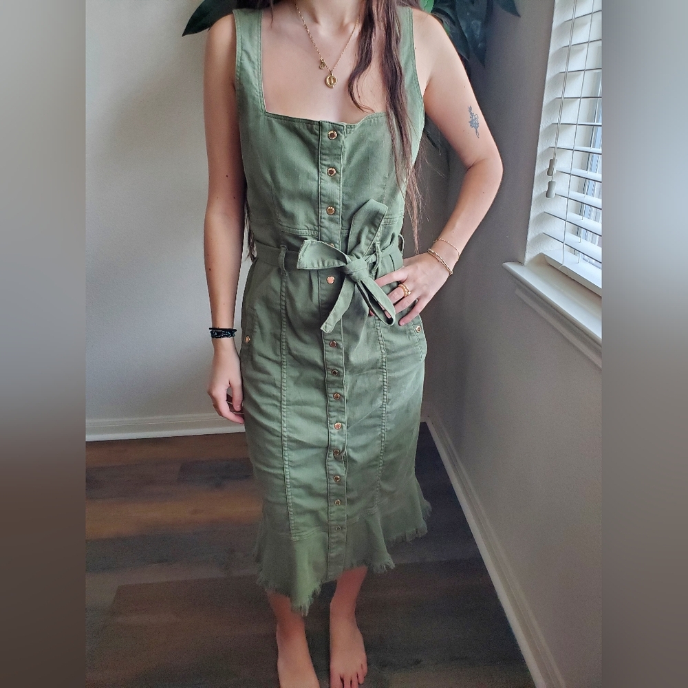 Melissa Odabash Rubi Olive Green Button-Front Midi Dress with Tie Waist S